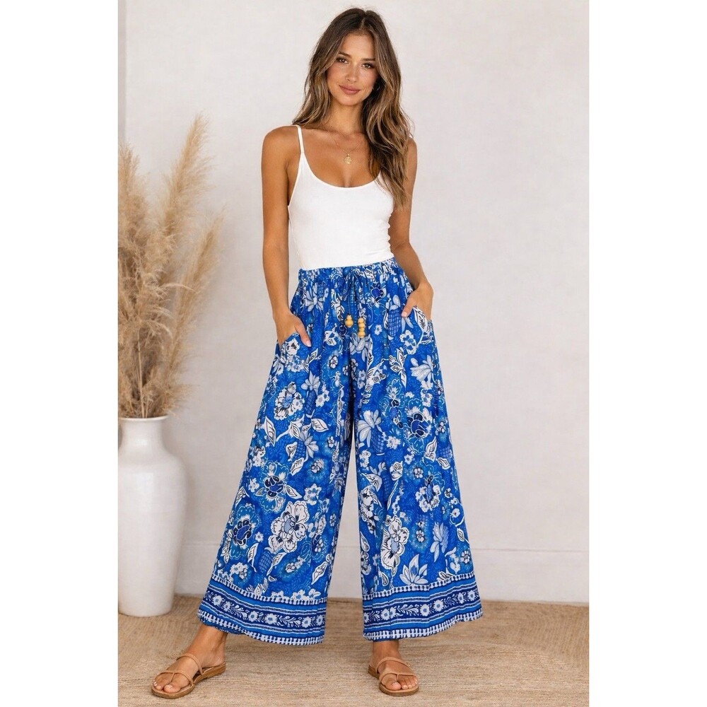 Nicole Miller Boho Harem Pants Blue Floral Beach Resort Wide Leg S